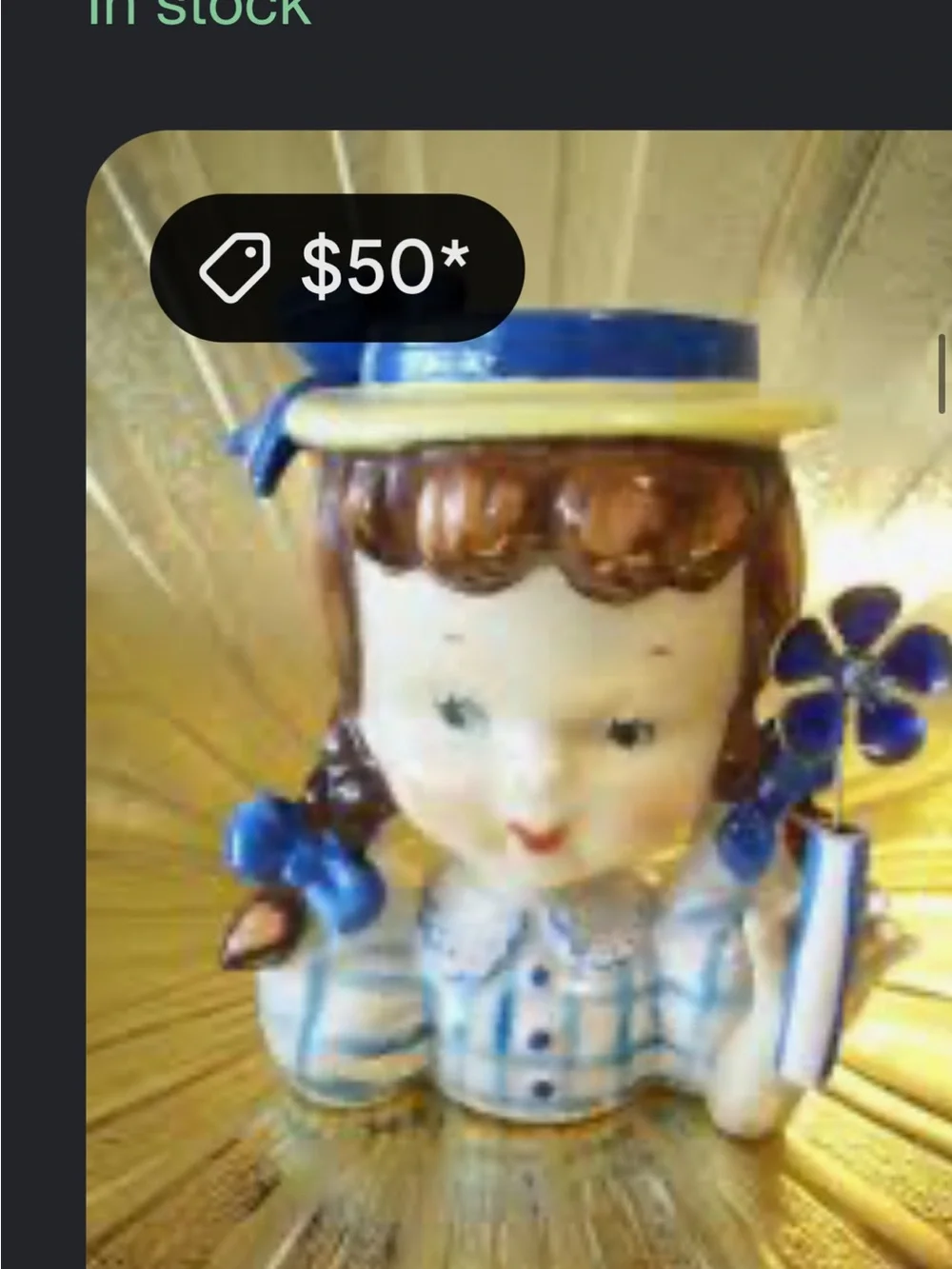 Vintage Ceramic Girl with Pigtails Head Vase in Blue, Checkered dress like new - Picture 13 of 14